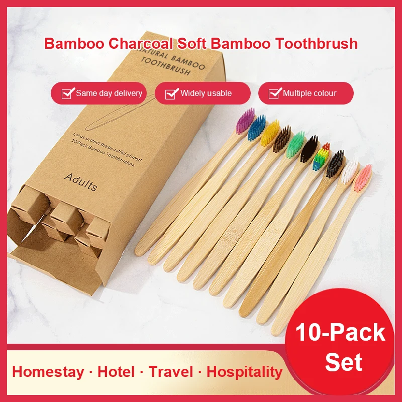 

10pc New mixed color bamboo toothbrush Eco Friendly Hotel Tooth Brush Soft bristle Tip Charcoal adults oral care toothbrush