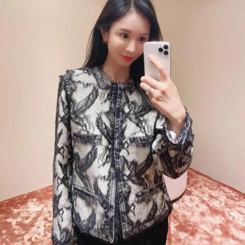 

Designer Autumn and Winter New Jacket Ladies Long-Sleeved 3D Horse Embroidery Lace Black and White Festive High-Quality Jacket