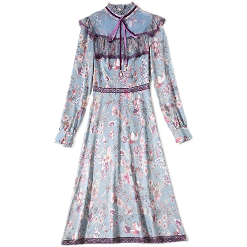 

Women Spring Designer Elegant Mesh Lace Ruffles Bow Sexy Slim Cocktail Party Robe Ladies Floral Print Vintage Dress Vestidos
