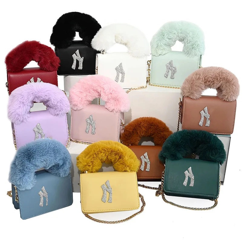 

Luxury brand famous design women fur chain square small bag ladies shoulder crossbody purse and custom hat set