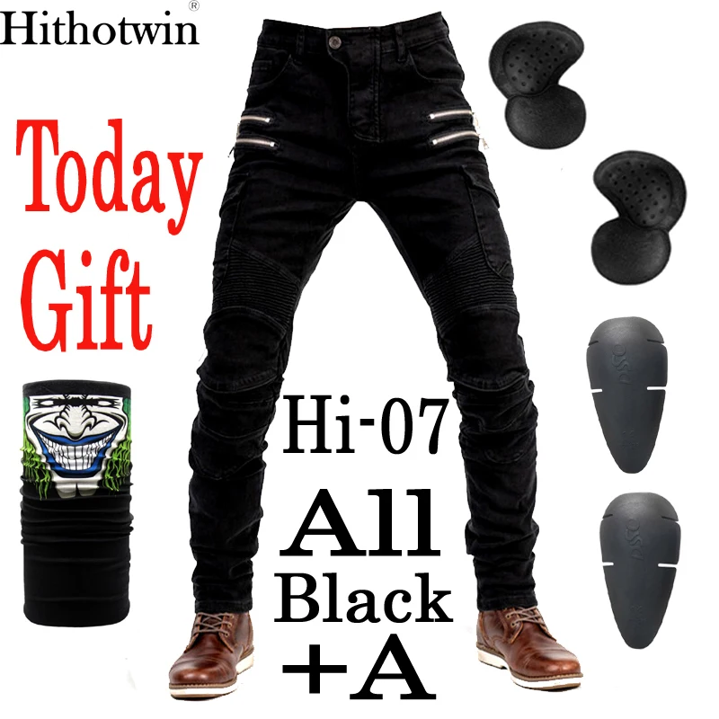 Hi-07 All Black A Новинка хаки/черный/синий мотоциклетные брюки мужские мото джинсы на молнии защитное снаряжение мотоциклетные Брюки Штаны для мотокросса мото брюки - Цвет: Hi-07 All Black A