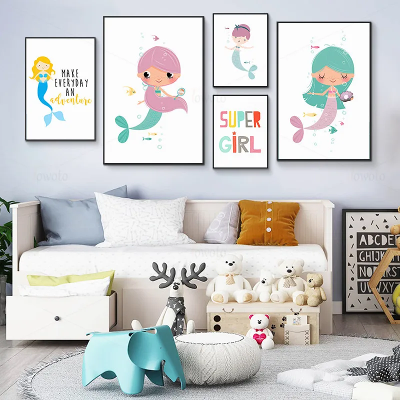Русалки с художественным принтом Детская Wall Art фотографии рисунками из