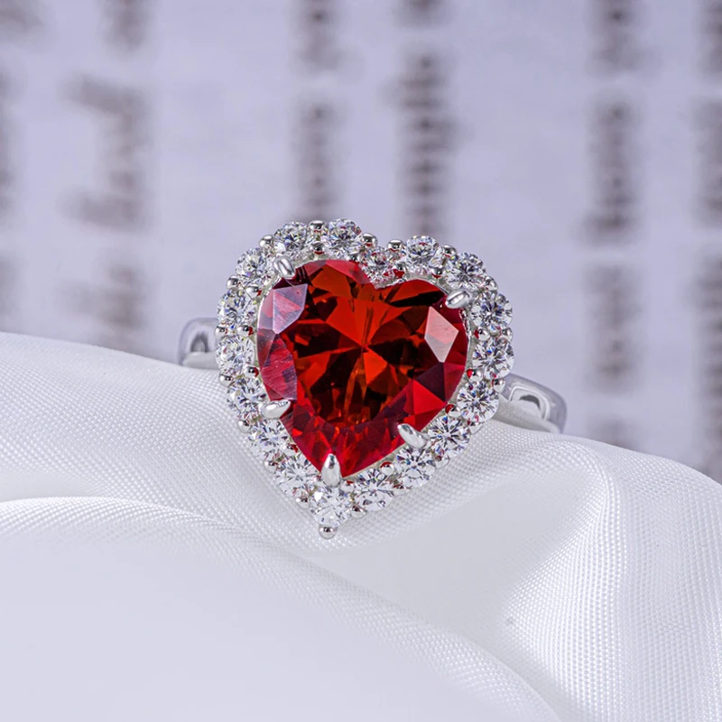 

925 Sterling Silver Pink Red High Carbon Diamond Heart Wedding Rings For Women Sparkling Party Fine Jewelry Wholesale