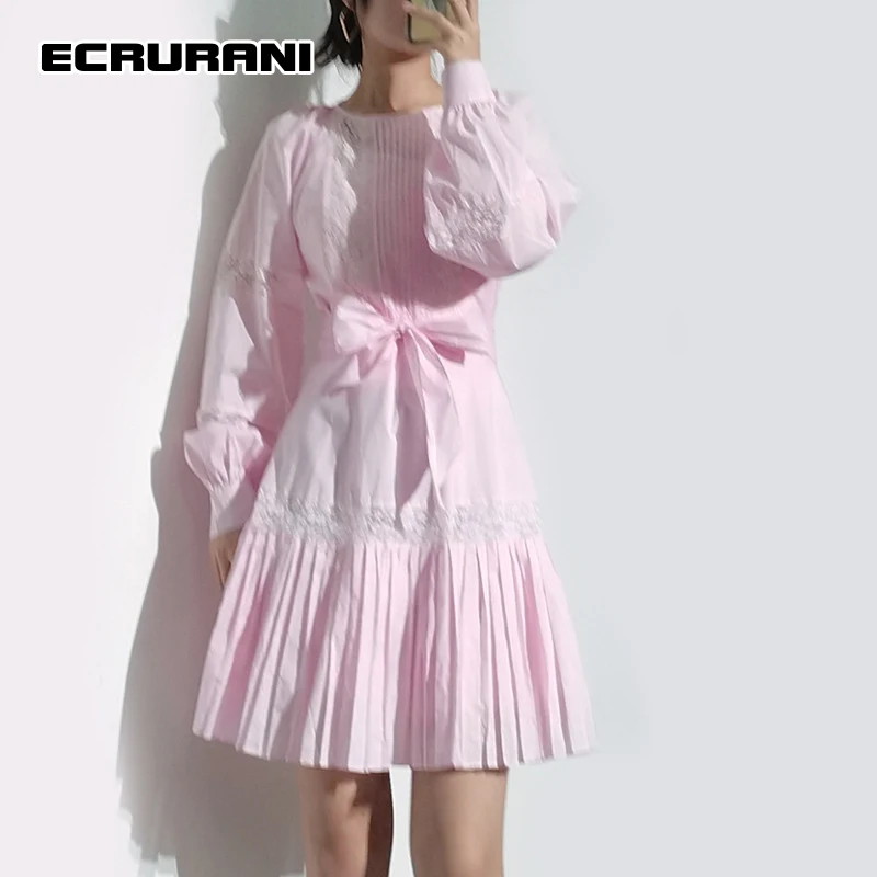 

Элегантное гофрированное платье ECRURANI с бантом для женщин, женские мини-платья с круглым вырезом, длинным рукавом и высокой талией, Новинка л...