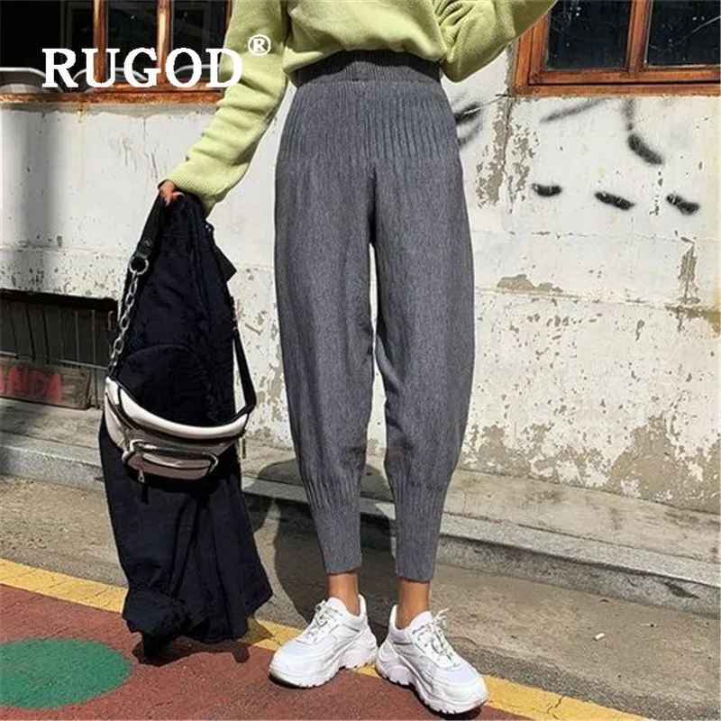 Удобные Свободные трикотажные брюки RUGOD однотонные плотные Wram осень 2019 | Женская