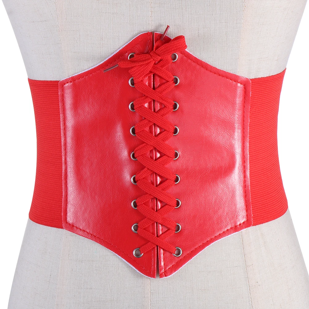New Women Charm PU Leather Wide Corset Waistband Lace Up Band Elastic Stretch Cinch Waist Belt Hot Sale | Аксессуары для одежды