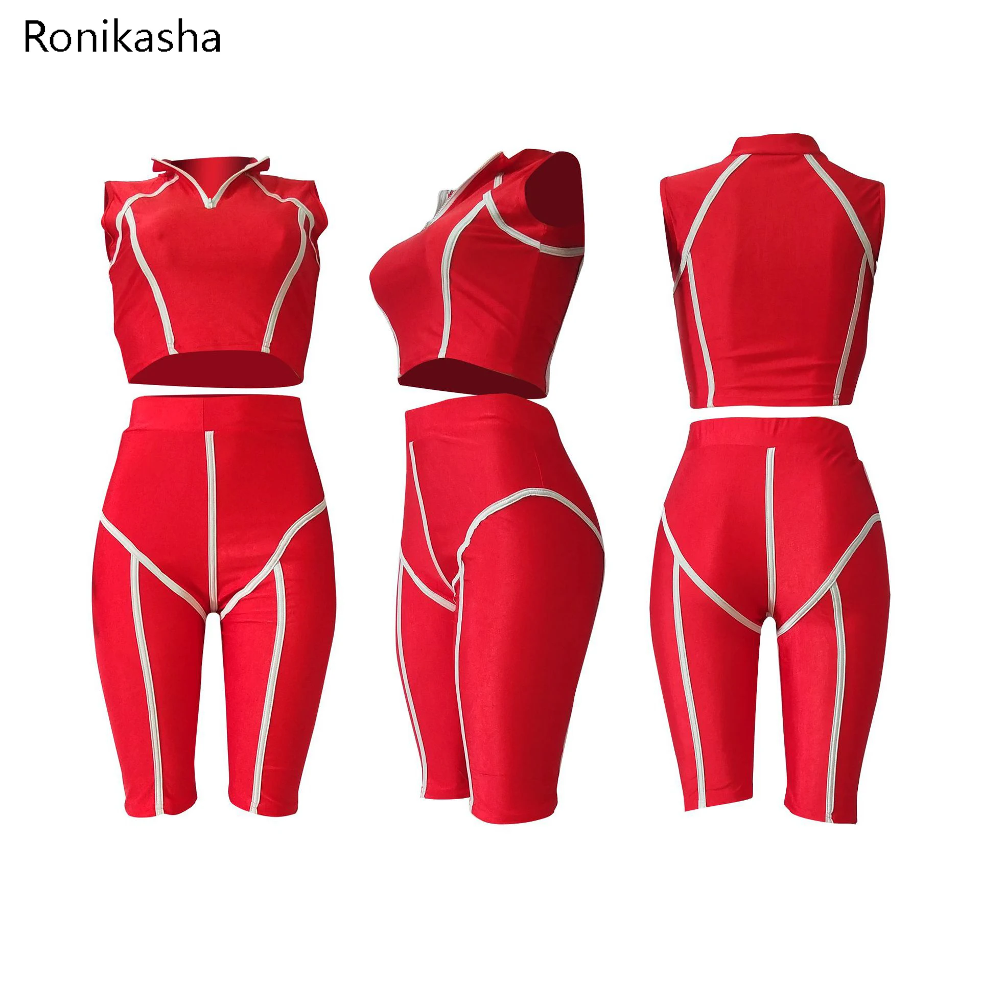 

Ronikasha Summer Women Two Piece Casual Striped Patchwork Tracksuit Sleeveless Crop V Neck Top With Zipper Tight Shorts Leggings