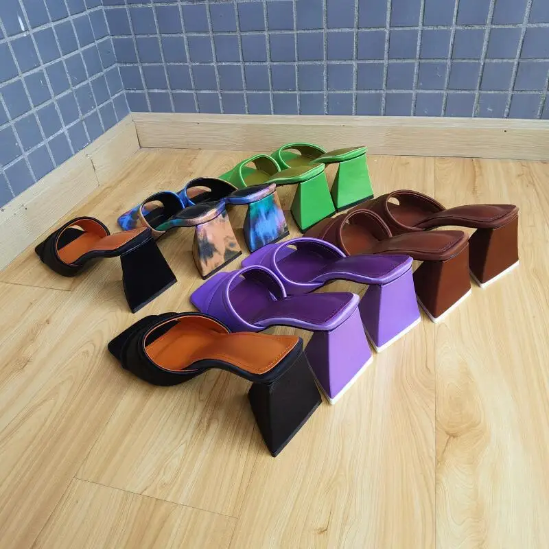 

7.5CM Triangle Heel Summer New Fashion Slipper Women's Sandals 2021 Silk satin Big Size Women Shoes Black Green Coffee Purple