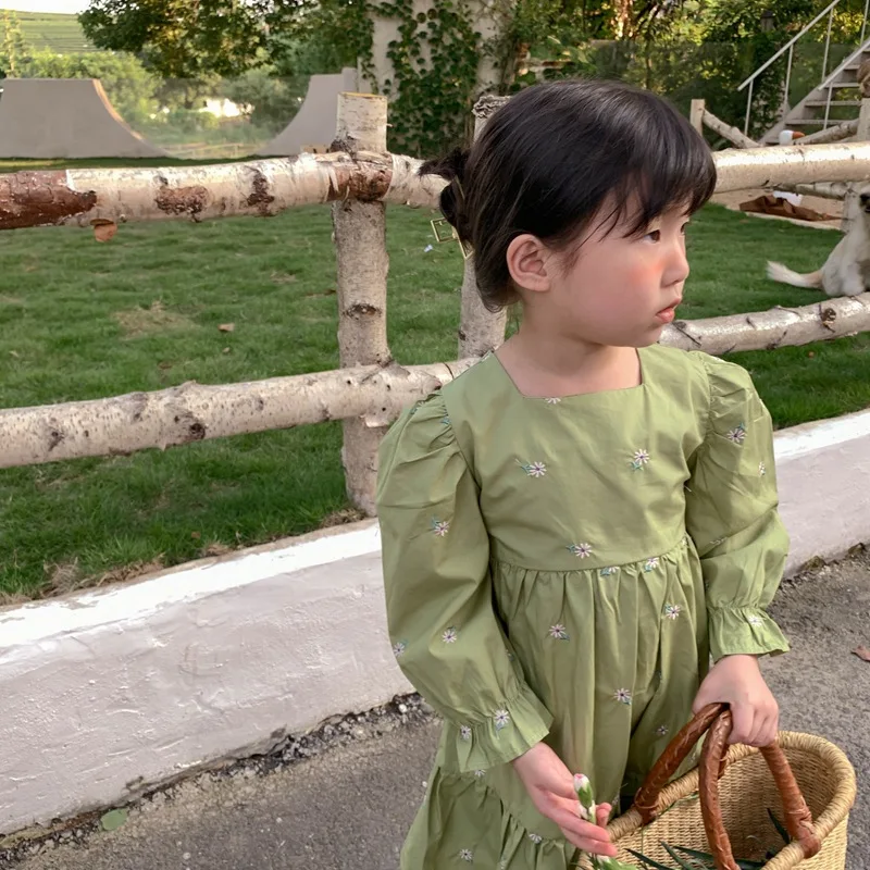 

Kids Cotton Dresses Girls Aline Casual Dress 2021 Autumn Girl Green Floral Dress Children Long Flower Fairy Princess Dress
