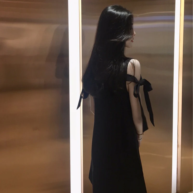 

COIGARSAM Brief Women one-piece dress korean New Summer Vintage Straight Dresses Black 618