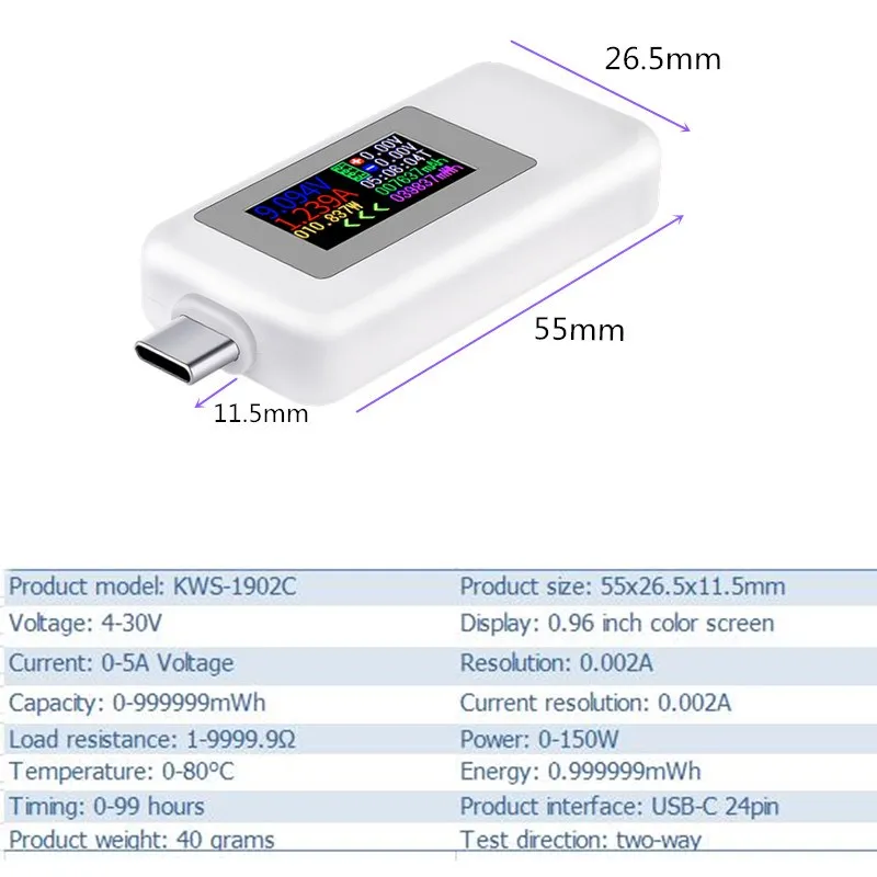 

Type-C Color Display USB Tester 0-5A Current 4-30V Voltage USB Charger Tester Power Meter Mobile Battery Detector Meters