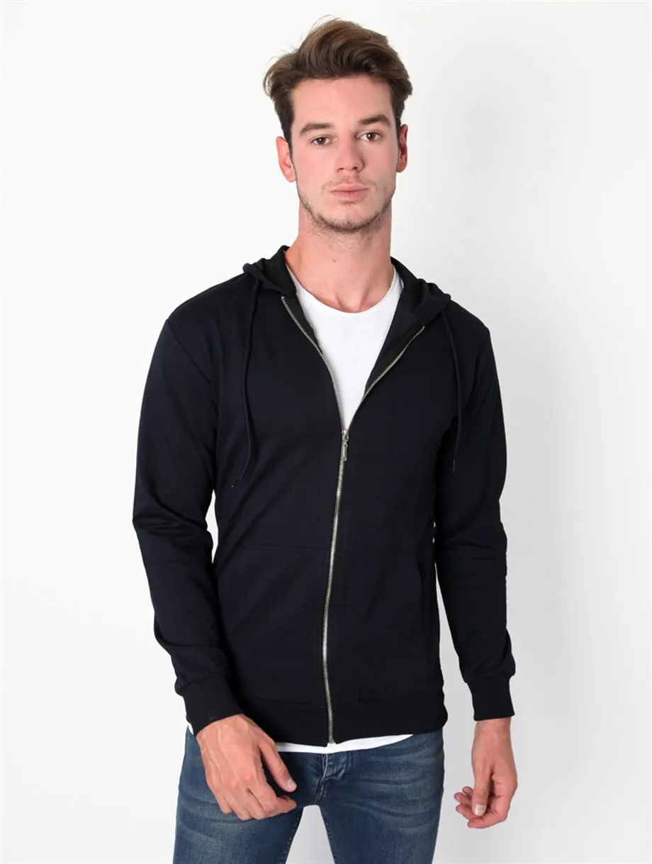 

Мужской кардиган на молнии с капюшоном темно-синего цвета