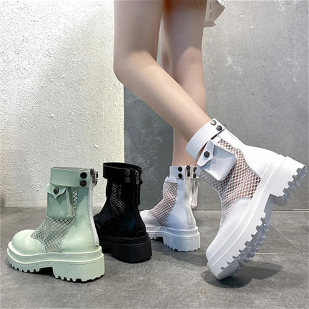 

Women's Mesh Ankle Boots Summer Square Toe Casual Sneakers Breathable Sweet Lady Stylish Sexy Shoes Zippers Hollow Botas White