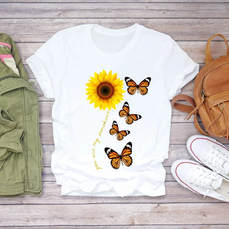 

Women Summer Butterfly Elegant Flower Floral Lady Fashion Print T-shirts Top T Shirt Ladies Womens Graphic Female Tee T-Shirt