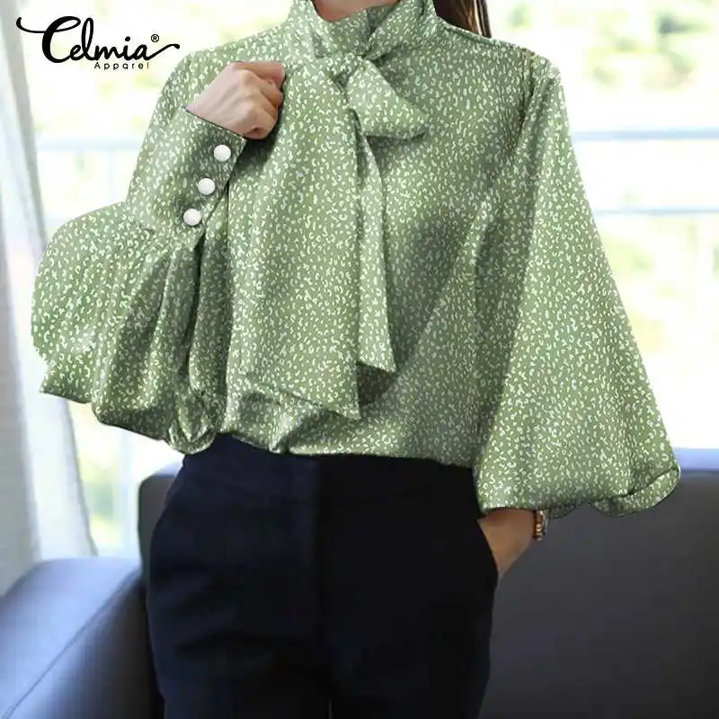 

Celmia 2022 Autumn Women Lantern Sleeve Blouses Fashion High Collor Shirts Elegant Bow Tie Printed Tunic Top Casual Party Blusas