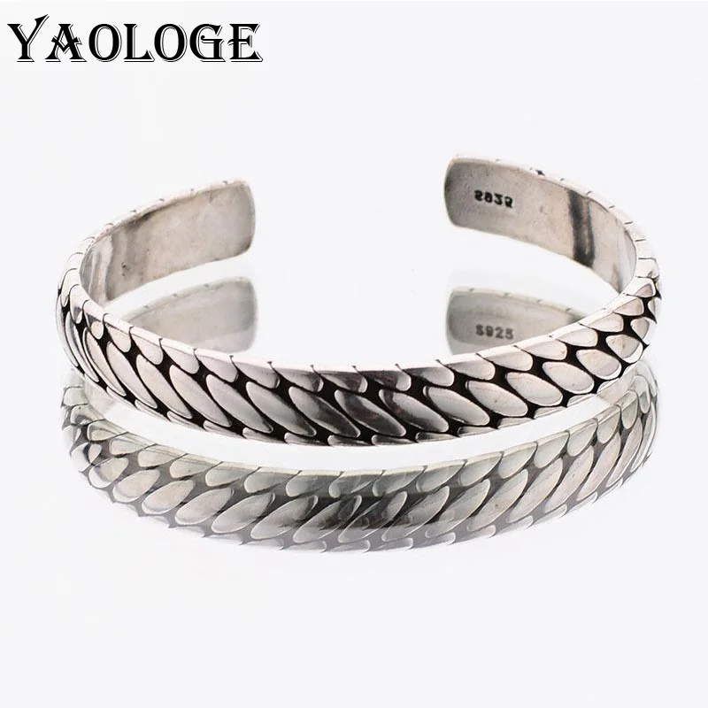 

YAOLOGE 925 Sterling Silver New European and American Retro Striped Open Bangle Ladies Couple Party Jewelry Bracelet Wholesale