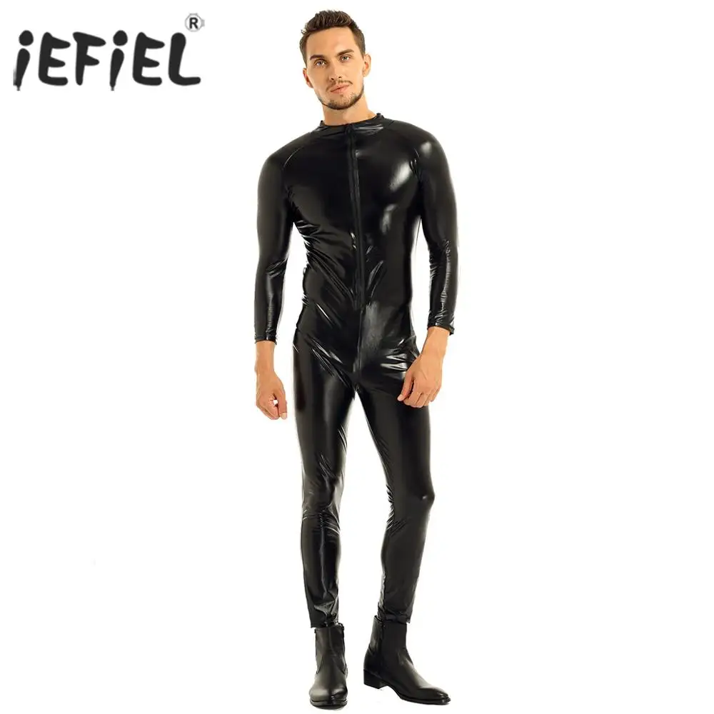 IEFiEL мода мото мужчины бодичулок лакированная кожа Wetlook передний Облегающий комбинезон с застежкой-молнией комбинезон Ночная Клубная одежда костюм представление