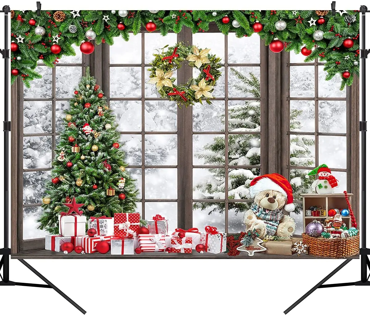 Christmas Window Photography Backdrop Winter Snow Xmas Wonderland Background Merry Santa Trees Gift Toy Banner Baby Kids Party