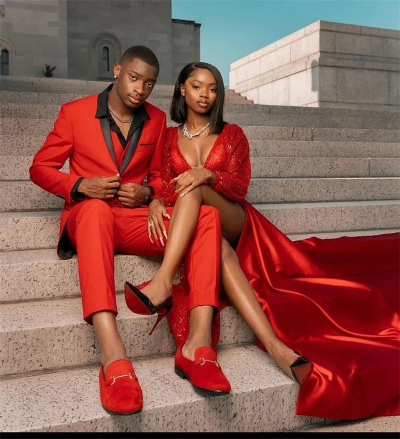 

2021 Summer 3 Pieces Red Men Suits Jacket+Pant+Vest Custom Made Handsome Wedding Suits Formal Party Suit