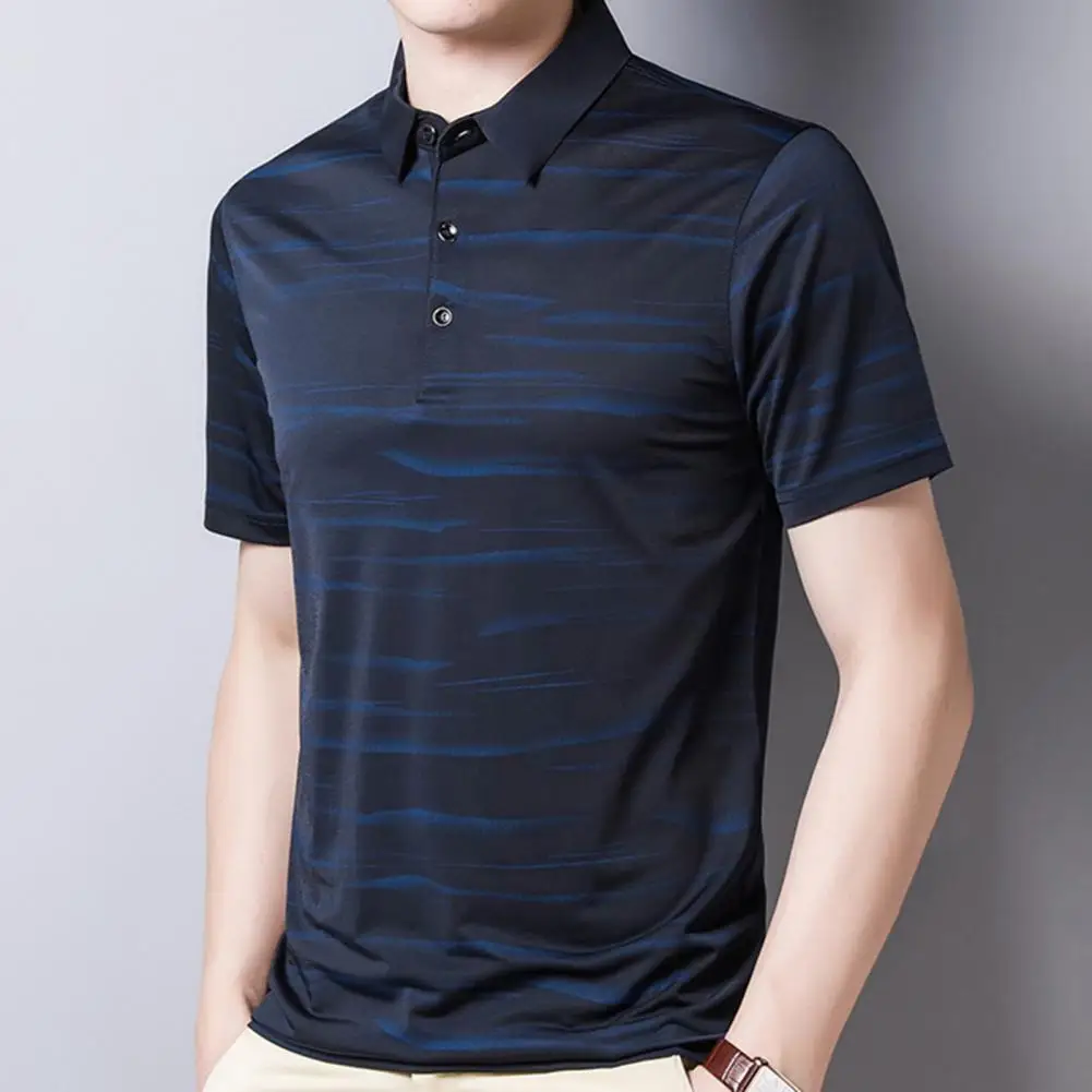 

T-shirt Turn Down Collar Striped Summer Men Short Sleeve Thin Shirt Top for Work