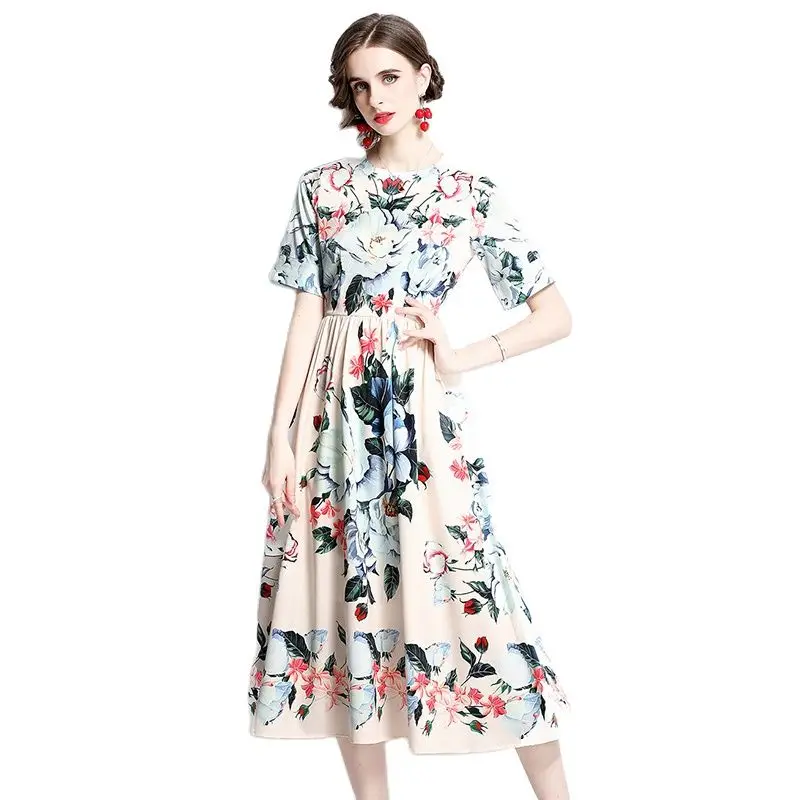 

Summer Short Sleeved New Flower Dress Women Round Neck Elegant High Waisted Slim Printed Long Clothingreal Shot