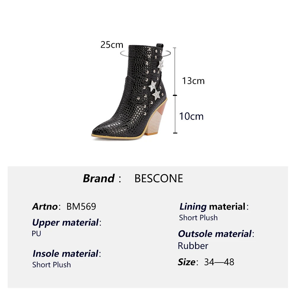 

BESCONE Women's Boots Fashion Retro Handmade Ladies Middle High Boots Pointed Toe Strange Style Heel Zipper Shoes Women BM569