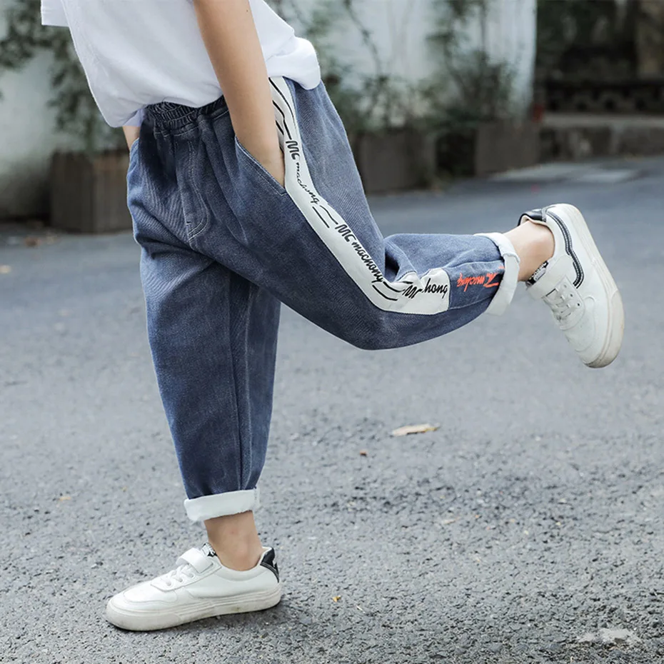 Повседневные Прямые джинсы для мальчиков с буквенным принтом Детские осенние