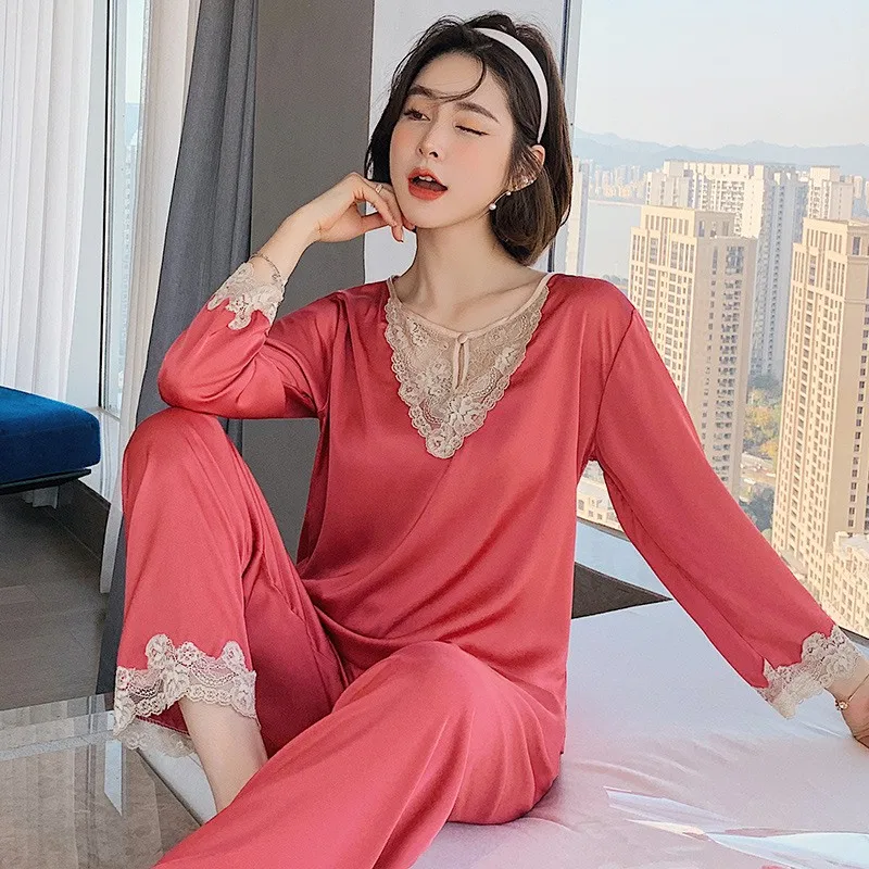

Printed Pajamas Women Spring Pyjamas Sleepwear Long Sleeve 2PCS Shirt&Pants Suit Summer Satin Loose Home Wear With Buttons