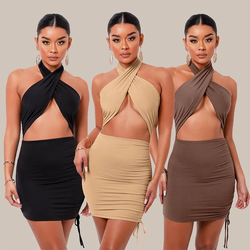 

Spring New Women's Sexy Solid Color Pleated back neck hanging dress