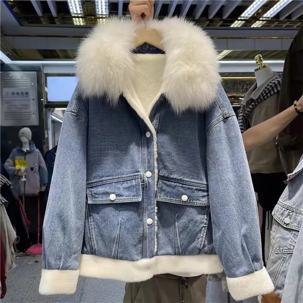 

2021 autumn and winter new product denim denim + fox fur collar plus velvet thick warmth ladies cotton jacket