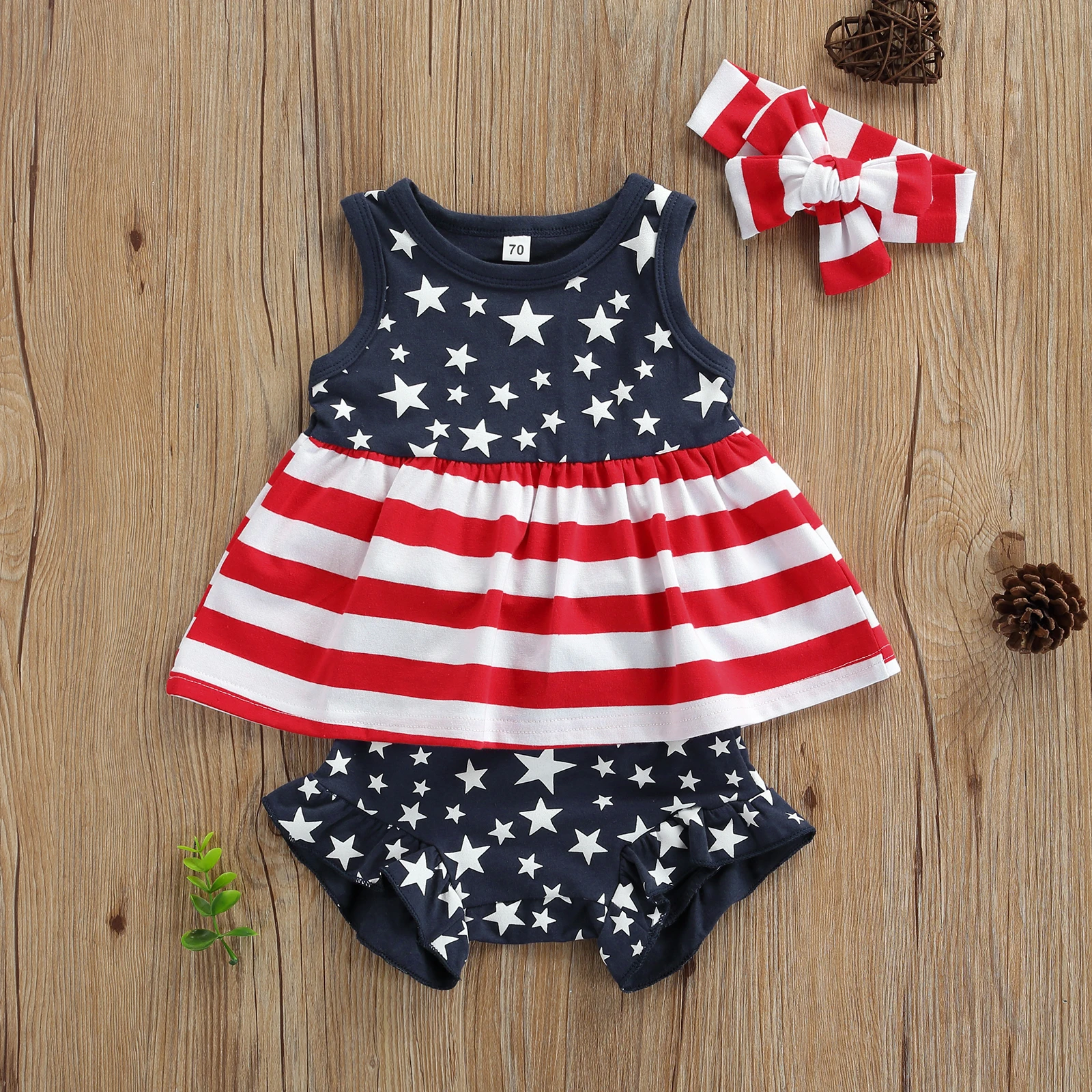 

Baby Tank + Shorts + Bow Headband, American Flag Print Independence Day Holiday Summer Clothing