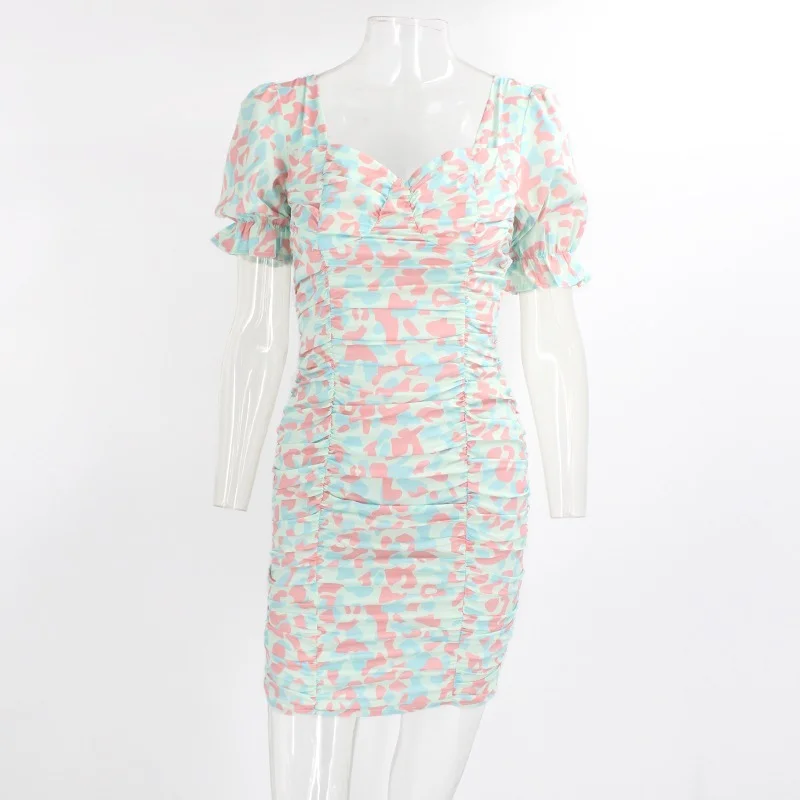 

Summer Print Floral Dress Women Ruched Ruffles Summer Female Mini Bodycon Dress Holiday Style Party Ladies Vestidos 2021 Fashion