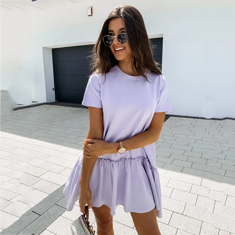 

2020 summer women's solid color short-sleeved loose casual round neck ruffle dress