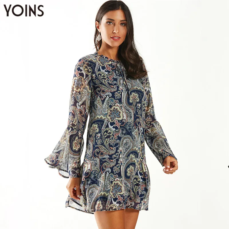 Женское платье с цветочным принтом YOINS винтажное мини длинными рукавами и