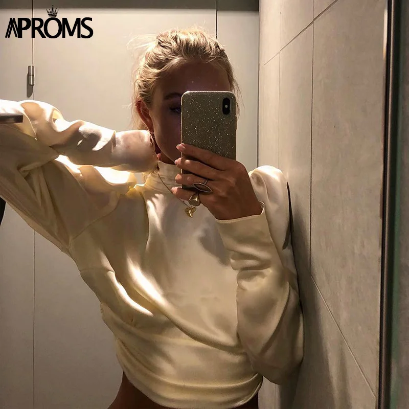 Aproms, винтажная атласная блузка с рюшами, Женская Сексуальная Блузка с открытой спиной на шнуровке, Женский Топ, осенняя рубашка с длинным рукавом, женские блузки