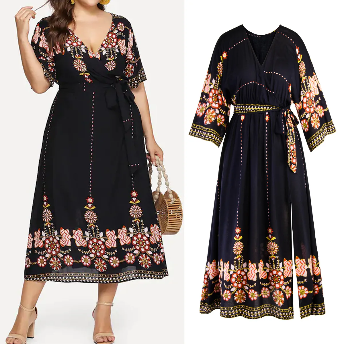 

Women Dress Autumn Retro Dress Women's Large Size Print V-neck Half Sleeve Long Dresses for Women Vestido Feminino