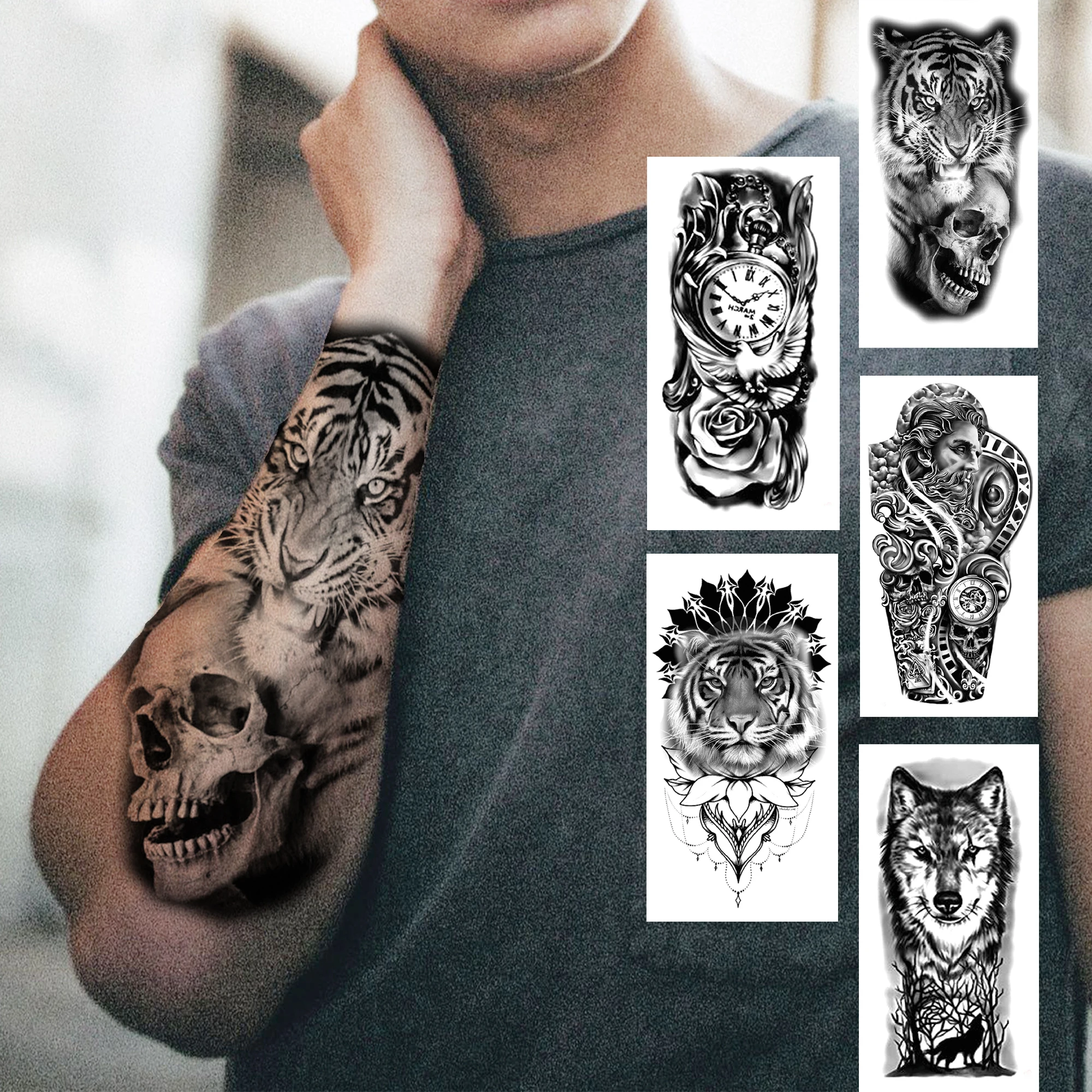 

Death Skull Tiger Temporary Tattoo For Men Women Adult Black Wolf Flower Tattoos Sticker Fake Tribal Clock Forest Tatoos Paste