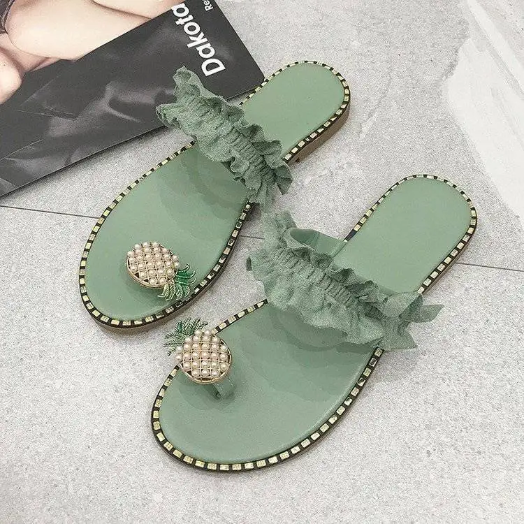 

Women Slipper Pineapple Pearl Flat Toe Bohemian Casual Shoes Beach Sandals Ladies Shoes Sandalias De Mujer 2021 35-43