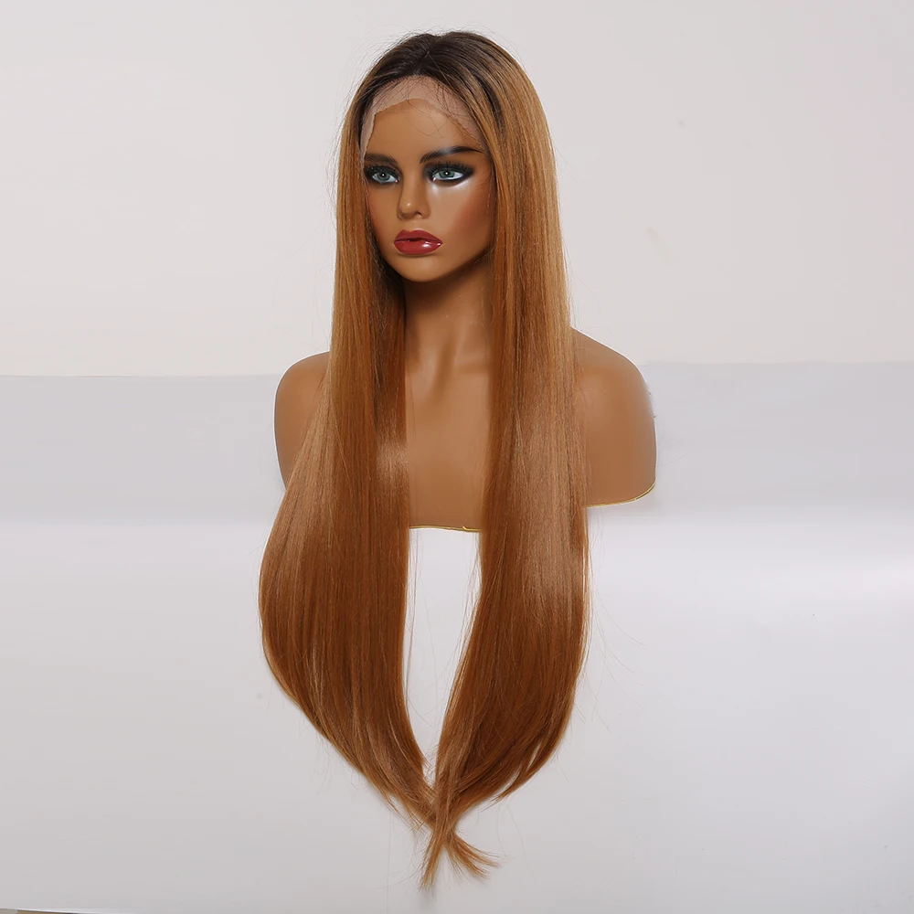 

LOUIS FERRE Middle Part Ombre Black Brown Amber Lace Front Wig Long Straight Cosplay Synthetic Wigs for Women High Temperature
