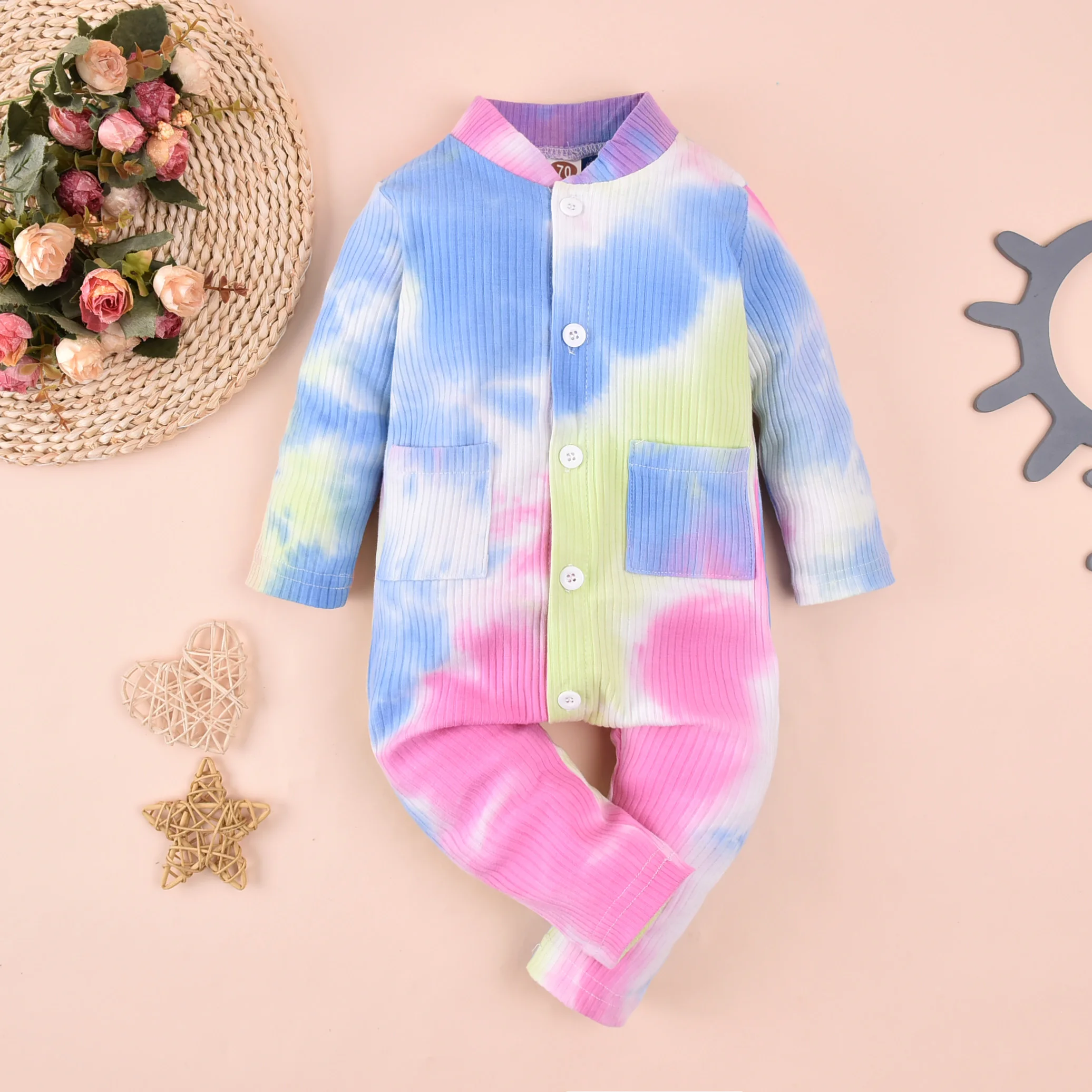 

Babys Boy Girl Clothes 0-18M Long Sleeve Jumpsuit Autumn Fashion Tie-dye Single-breasted One Piece Long Pants with Pocket