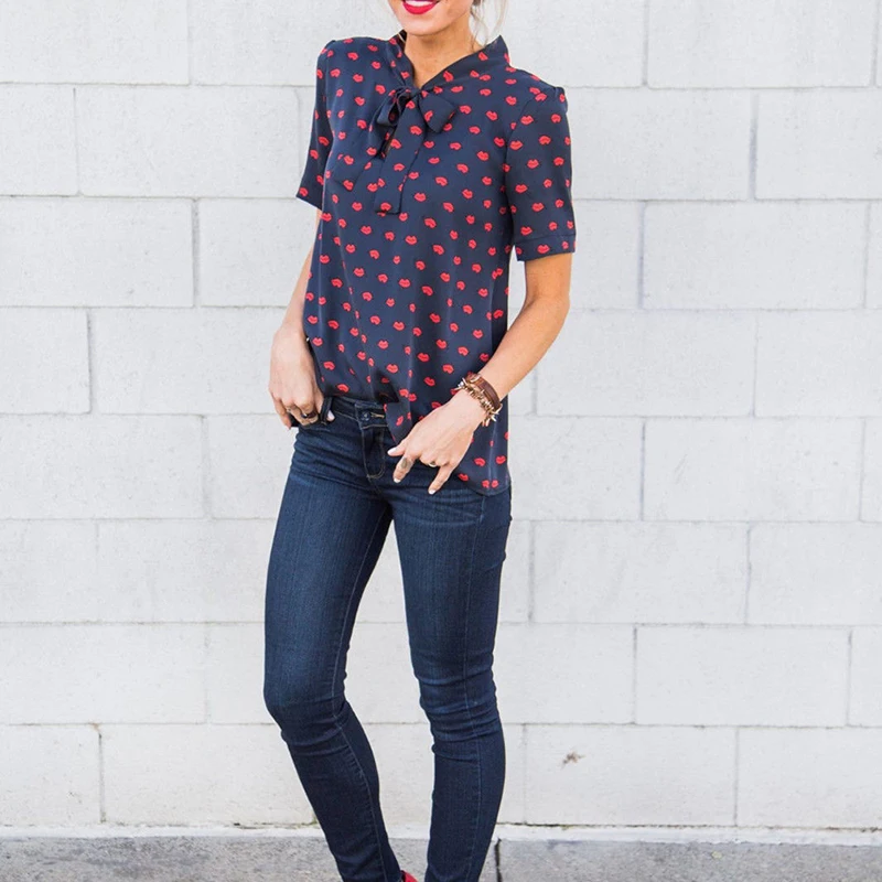 Для женщин Повседневное на шнуровке с бантом короткий рукав блузки летние топы