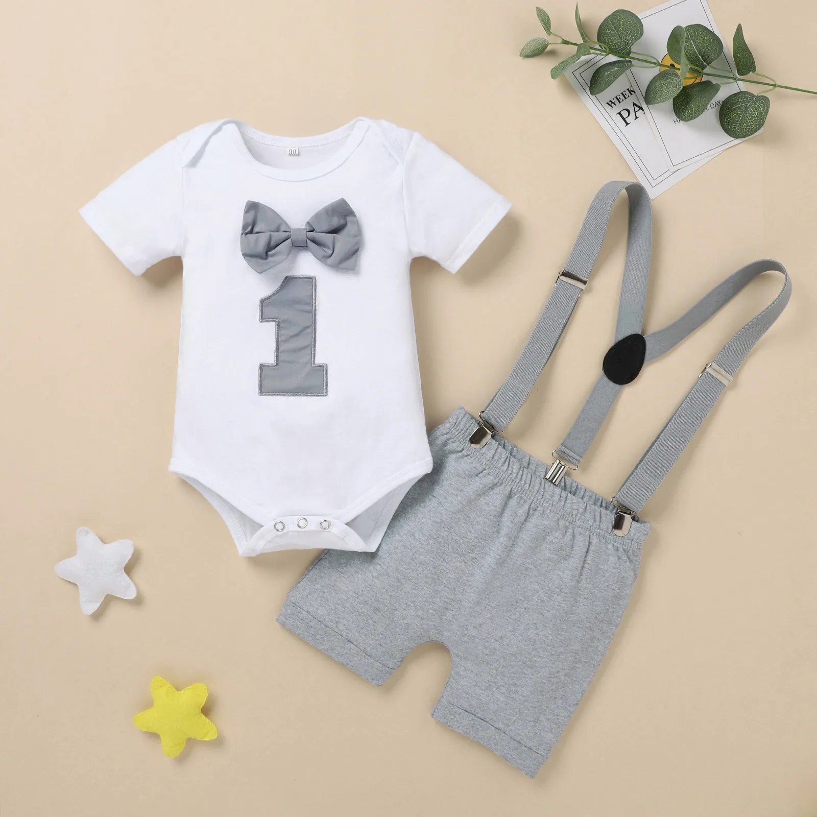

Baby Boy Clothing One Year Infant Baby Boy Bow Tie Romper Bodysuit Funny First Birthday Clothes Outfits Set Baby Kleding Jongen