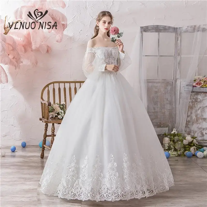 

Новый дизайн с открытыми плечами пышные рукава Тюль Свадебные платья для невесты сексуальные с длинным рукавом Кружева Аппликации невесты платье размера плюс плиссированные