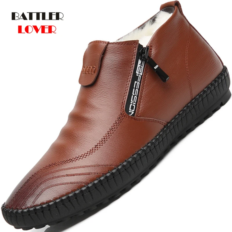 

2021 Men Genuine Leather Real Wool Winter Warm Shoes Handmade Waterproof Snow Oxfords for Male Working Driving Ankle Footwear