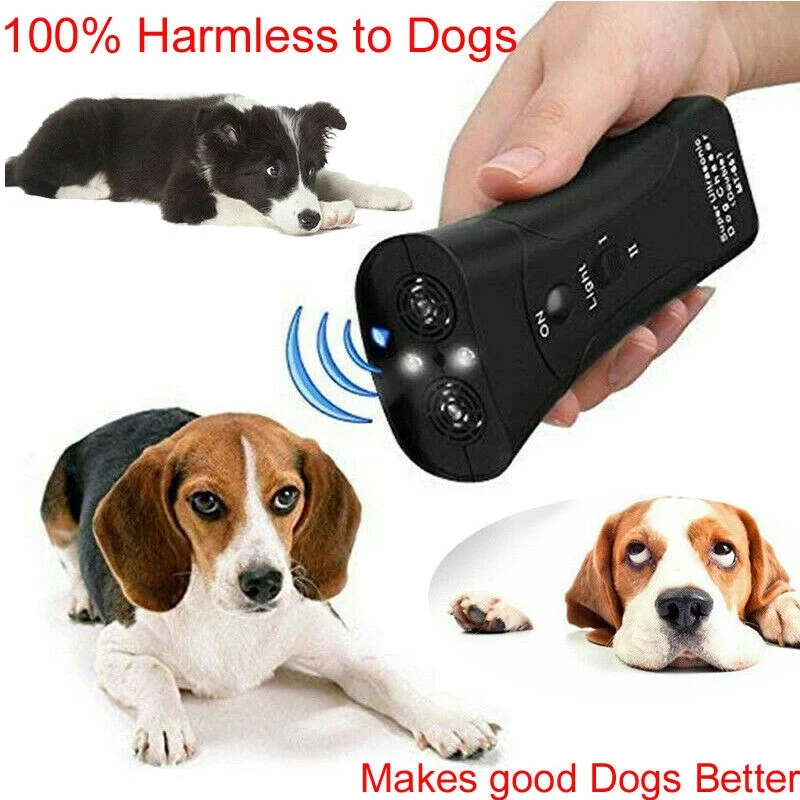 

Pet Dog Ultrasonic Anti Barking Trainer with LED Flashlight Pet Chase Training Double Head Trumpet with Repellent Control 2021