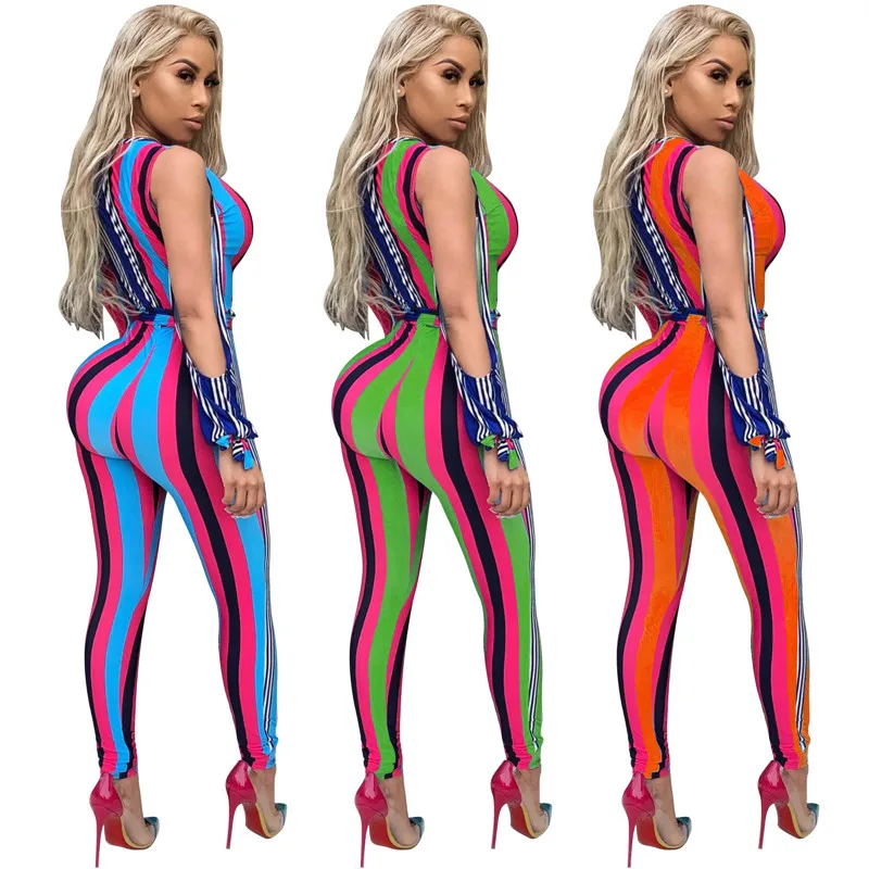 Fashion Colorful Striped Jumpsuit Romper Women Sexy Deep V Neck Split Long Sleeve Skinny Bodycon Jumpsuit Party Overalls slashes