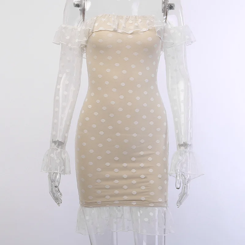 

Sexy Off Shoulder Lace Patchwork Dots Dress Mesh Ruffles Bodycon Dress
