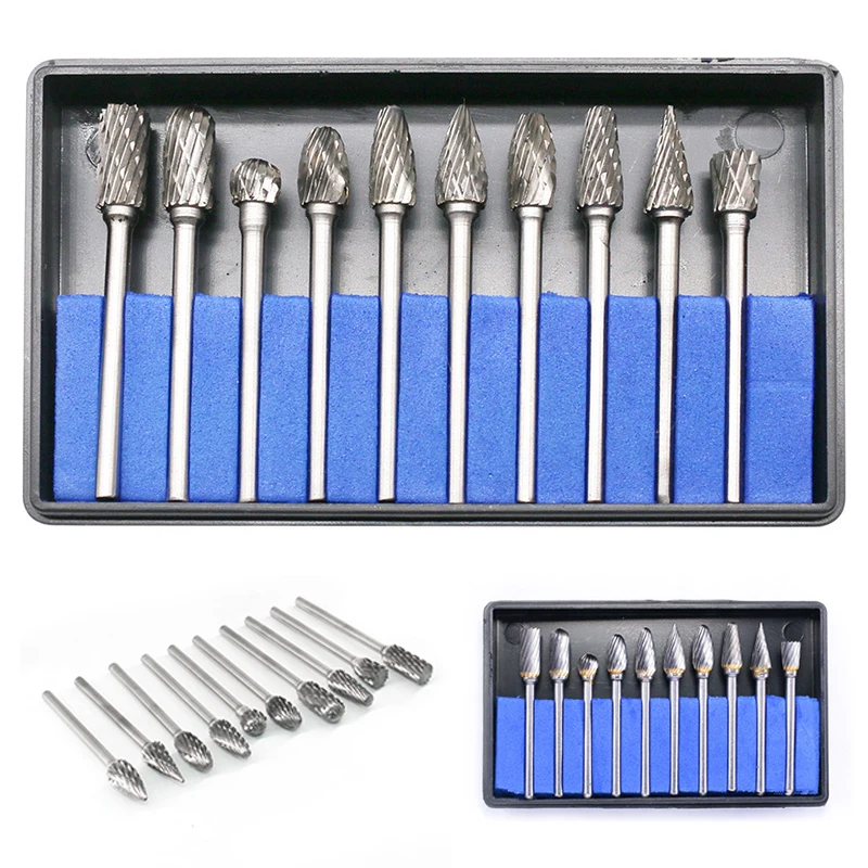 

New 10pc 1/8" Shank Tungsten Carbide Milling Cutter Rotary Tool Burr Double Diamond Cut Rotary Tools Electric Grinding