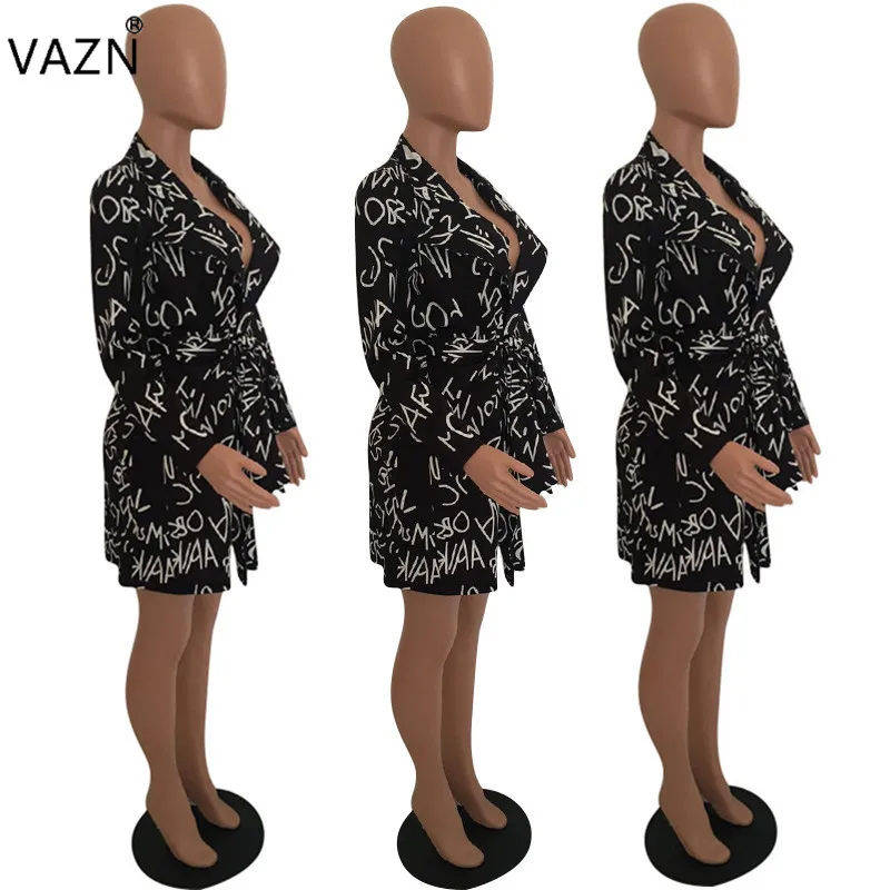 VAZN Autumn Hot Sexy Elegant Fashion Famous Brand Women Dress Letter Deep V-Neck Full Sleeve Chiffon Lady Mini WML8828 | Женская одежда