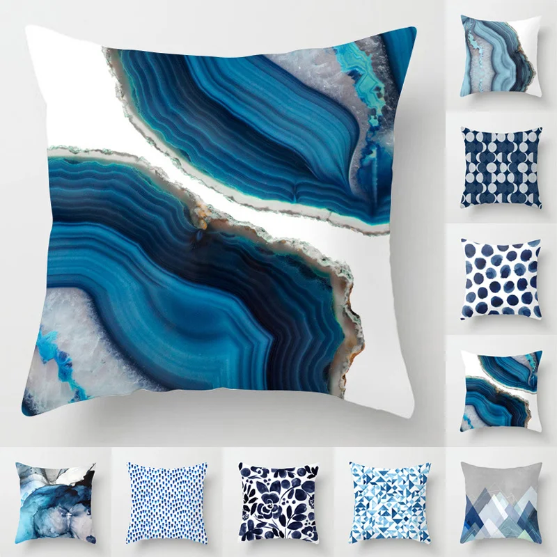 

45 * 45CM Geometric Cushion Cover Blue abstract printed Polyester Throw Pillow Case Geometric Art Pillowcase Square Home Decor